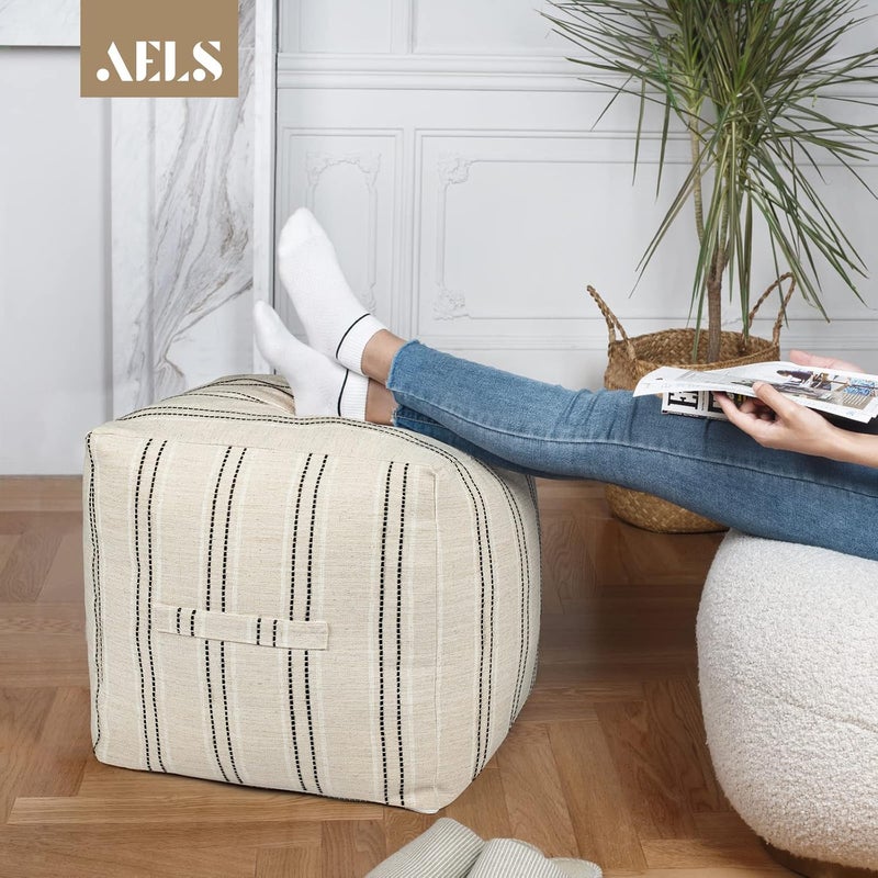 AELS Unstuffed Farmhouse Pouf Cover for Living Room, Boho Storage Bean Bag Cubes, Beige with Black Stitch Yarn Dyed Stripe Square Ottoman Pouf Foot Rest Footstool, 18"x18"x18", Cover ONLY - Image 2